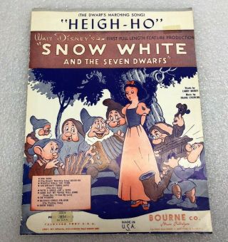 Vintage 1938 38 Walt Disney Snow White & The 7 Dwarfs " Heigh - Ho " Sheet Music Ex
