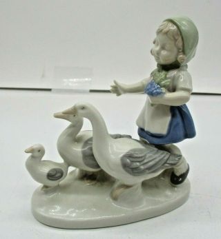Vintage Gdr Porcelain Figurine Girl With Geese Blue & White Germany 10685