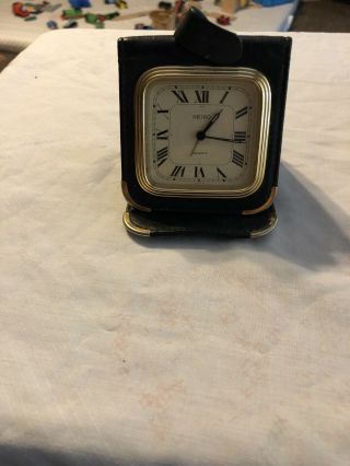 Vintage Seiko Folding Travel Clock Brown Leather W Gold Trim Case Japan Quartz.