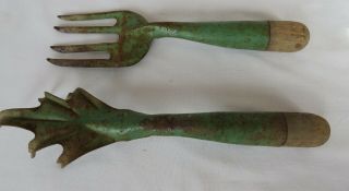 Vintage Steel & Wooden Handled Garden Tools Small Claw & Fork Orig Paint