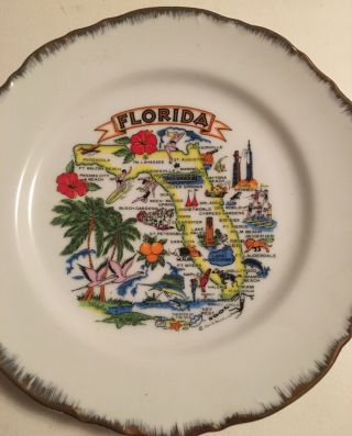 Vintage Florida State Souvenir Decorative Plate 9” Gold Border Pre - 1971