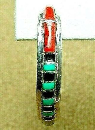 Vintage Old Pawn Zuni Inlay Turquoise Coral Sterling Silver Hoop Earrings Signed