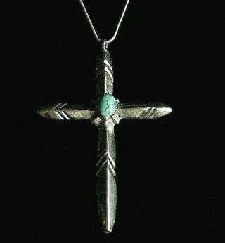 Vintage Old Pawn Navajo Sandcast Sterling Silver Cross Turquoise Pendant,  Chain