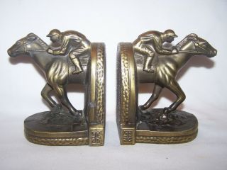 Vintage 1950 Bmp 2 Horse Racing Jockey Brass Bookends Set Thoroughbred