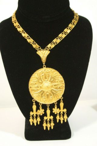 Vintage Vendome Etruscan Revival Statement Necklace Gold Tone Dangle Pendant