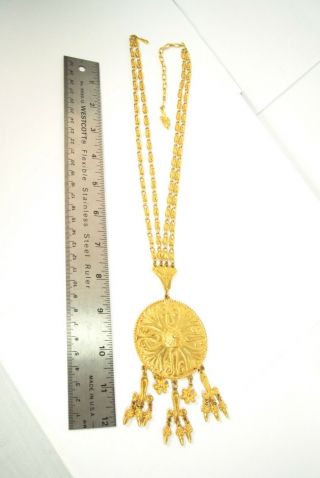 Vintage Vendome Etruscan Revival Statement Necklace Gold Tone dangle pendant 2