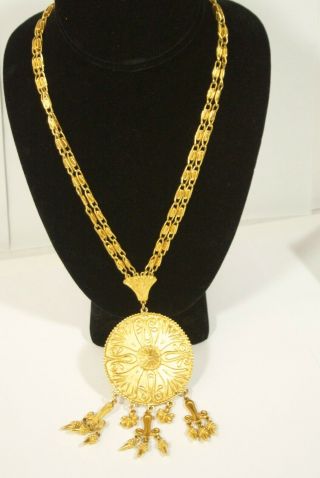 Vintage Vendome Etruscan Revival Statement Necklace Gold Tone dangle pendant 3