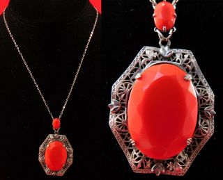 Vintage 1920s Art Deco Silver Plated Filigree Red Czech Glass Pendant Necklace