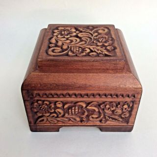Vintage Hand Carved Small Wooden Trinket Box Hinged Lid Signed & Dated