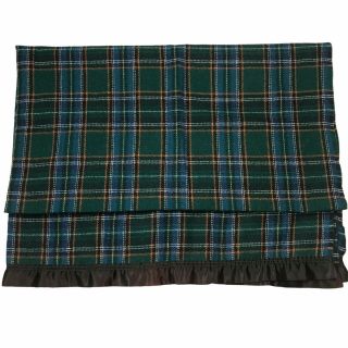 Amana Woolen Mills Twin Sz Blanket 60 " X78 " Blue Green Plaid Wool Satin Trim Vtg