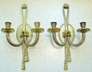 Vtg Heavy Brass 2 Arm Wall Sconce Candle Holders Pair Tassel 15” Tall India