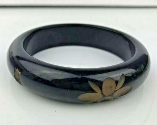 Vintage Bakelite Carved Black Floral Bracelet Chunky