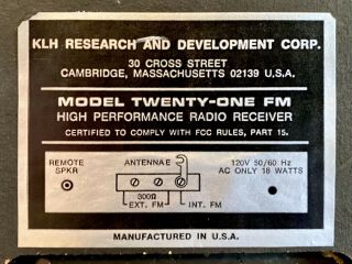 KLH Model Twenty - One 21 FM Radio Vintage 3