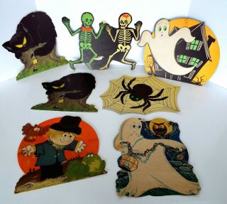 Vintage Paper Diecuts 7 Halloween Black Cat Spider Skeleton Ghost