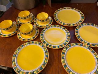 Vintage Italian Della Robbia Hand Painted Set Of 4 Cups/saucers & Salad Plates
