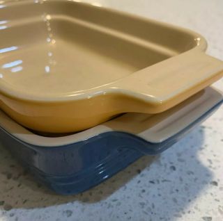 Le Cruset Set Of 2 Vintage Small Baking Square Dish Blue And Mustard Yellow