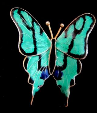 Vintage Sterling Silver & Enamel Cloisonne Butterfly Brooch Pin Teal Blue
