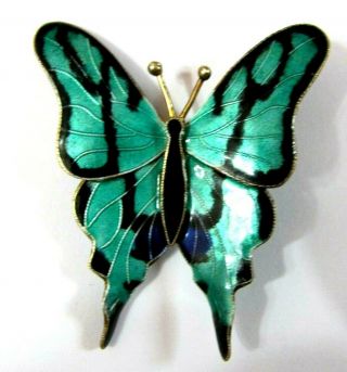 Vintage Sterling Silver & Enamel Cloisonne Butterfly Brooch Pin Teal Blue 3