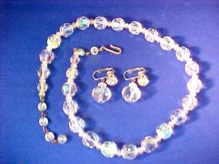 Vintage Hand Cut Clear Crystal 18 " Necklace Neck Chain Clip - On Earrings Set Euc