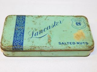 Antique Vintage Lancaster Pa Salted Nuts Tin Metal Box Robin Egg Blue Green