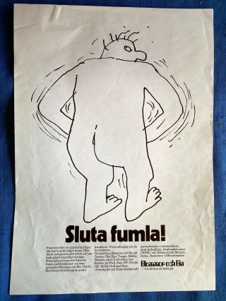 Vintage 1974 Birds & Bees Condoms " The Fumbler " Poster Sweden Rfsu Anti - Vd W/note