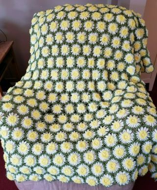 Vtg Crochet Daisy Afghan Yellow White Green Hand Made 70 