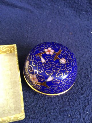 Blue With Flower Vintage Chinese Brass Round Trinket Box 1950 Collectibles Small
