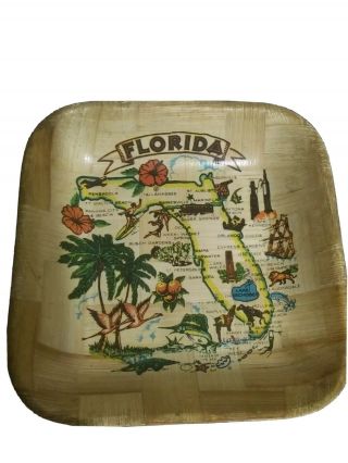 Vintage Florida Bamboo Tray Travel Souvenir Map Color Kitsch Pre Disney World
