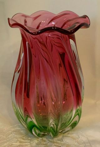 Vintage Teleflora Glass Multicolor Pink Clear Green Colored Vase 8 1/2 "