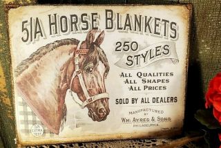 Primitive Vintage Antique Victorian Style Advertising Horse Blanket Print Sign
