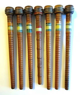 7 Vintage Wooden Industrial Weaving Spools/bobbins,  Metal On Tips,  Band Colors