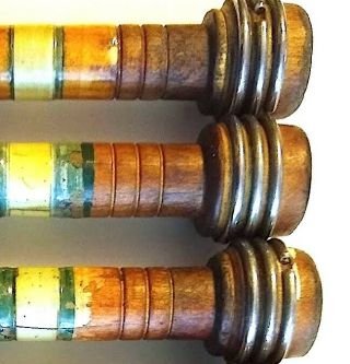 7 Vintage Wooden Industrial Weaving Spools/Bobbins,  Metal on Tips,  Band Colors 2
