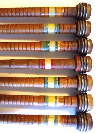 7 Vintage Wooden Industrial Weaving Spools/Bobbins,  Metal on Tips,  Band Colors 3