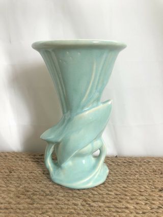 Vintage Mccoy Pottery Vase Turquoise Blue With Arrowhead Leaf Early 1940s 7 - 3/4”