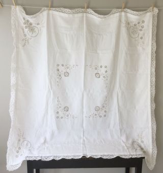 Vintage Hand Embroidered Tablecloth With Lace Trim