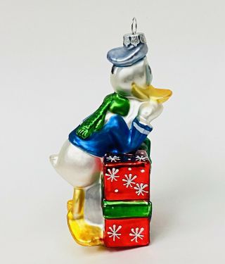 RARE Disney DONALD DUCK with Gift Blown Glass Christmas Ornament Vintage 4” 3