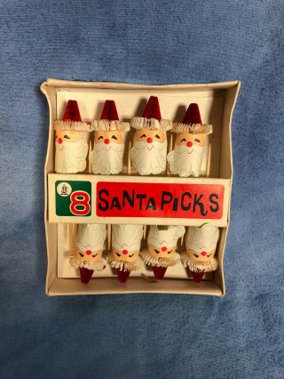 Vintage Pack Of 8 Santa Picks,  Christmas Kitsch Craft Supply,  1960s