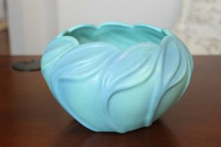 Van Briggle Art Vintage Blue Turquoise Leaf Bowl Pot Vase Pottery 8x8x5 "