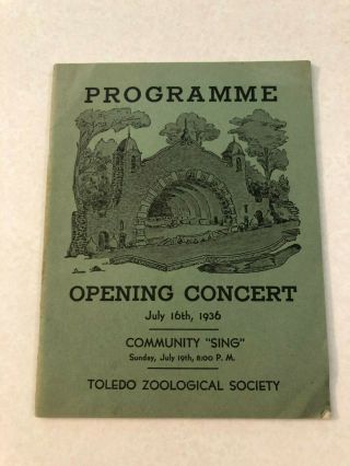Vintage 1936 Programme Opening Concert Toledo Zoological Society