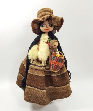 Vintage Peru Native Folk Art Rag Doll Woman Baby Llama Alpaca Peruvian17 "