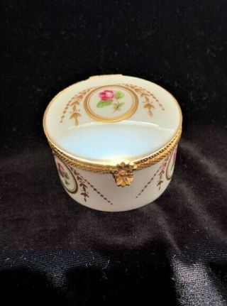 Vintage Castel Limoges Round Porcelain Hinged Trinket Box Pink Roses Gold Trim