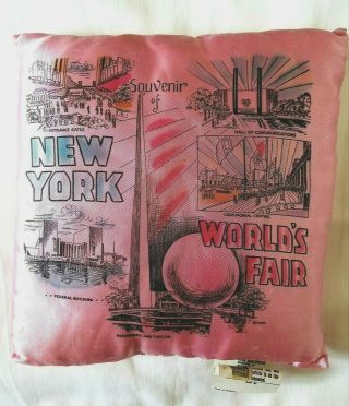 Vintage 1939 - 40 York Worlds Fair Souvenir Pillow Pink 10 X 10in.  Great Cond