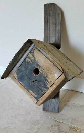 Primitive Vintage Birdhouse Rustic Old Weathered Wood Tin Roof Handmade Ooak
