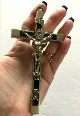 Vintage Crucifix Ebony Brass Skull Crossbones Nun Priest 5  1/2 Long