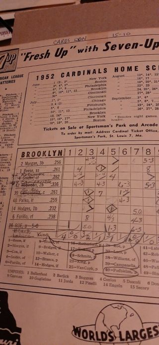 Vintage 1952 Brooklyn Dodgers/ St.  Louis Cardinals Baseball Program 3
