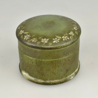 Vintage Primitive Green Painted Wood Trinket Jewelry Box Round Cylinder Flowers