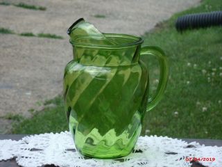 Vtg.  Green Uranium Vaseline Depression Glass Pitcher Swirl Blown Glass 9 " Tall