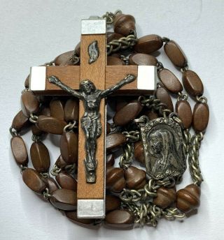 † Lovely Vintage Our Lady Of Lourdes Pilgrimage Wood Oval Rosary 26 " Wood Cross†