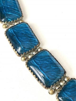 Vintage Art Deco Era Panel Bracelet Blue Butterfly Wing Glass Costume Jewellery