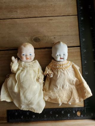 Vintage Jointed Bisque Porcelain Baby Dolls 5 " Japan With Old Gowns